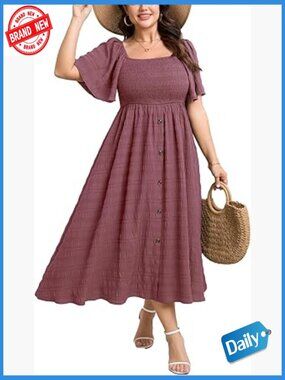 Plus Size Maxi Dress Short Sleeve Square Neck Smocked Boho Summer